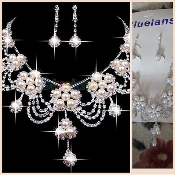 2021 Rhinestone Crystal Faux Pearl Necklace+Earrin - Picture 3 of 6